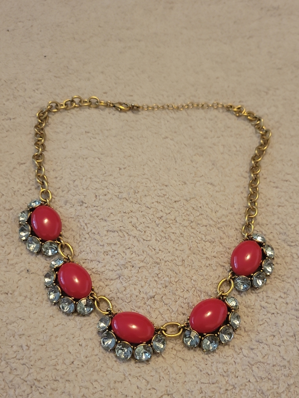 Stella & Dot Gold-Tone Necklace with Pink Cabochons and Clear Rhinestones